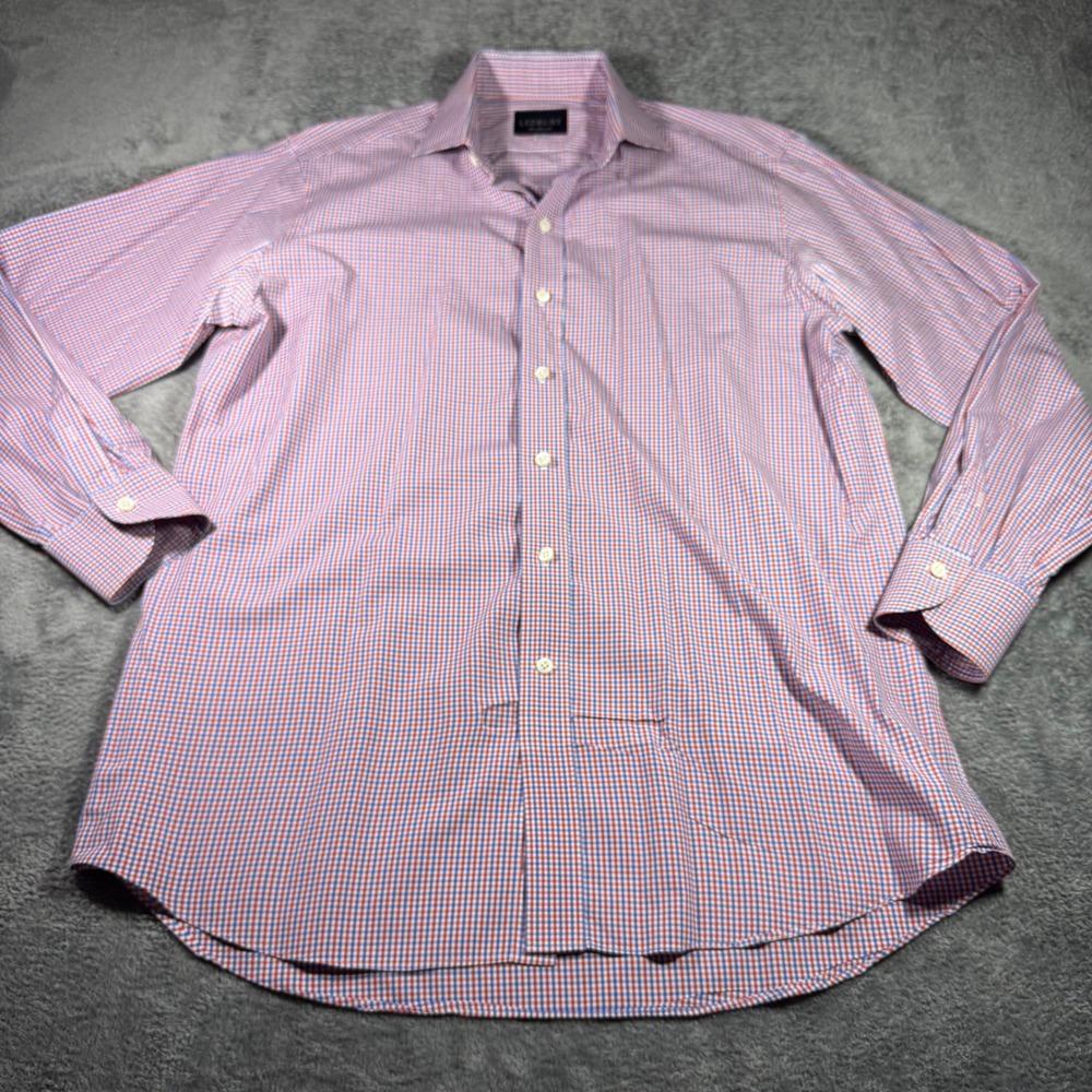 Ledbury Mens Red Blue Gingham Check Cotton Dress Shirt 16.5 42cm Made in Poland